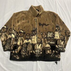 Vtg 90s Cobblestone Canyon Teddy Bear Medium Fleece Jacket Wrap Around Zip-Up